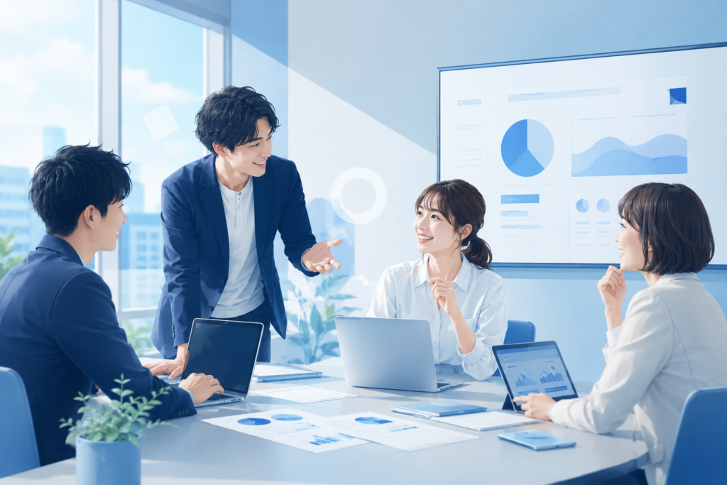 Web戦略について打ち合わせを行う日本企業のビジネスイメージ